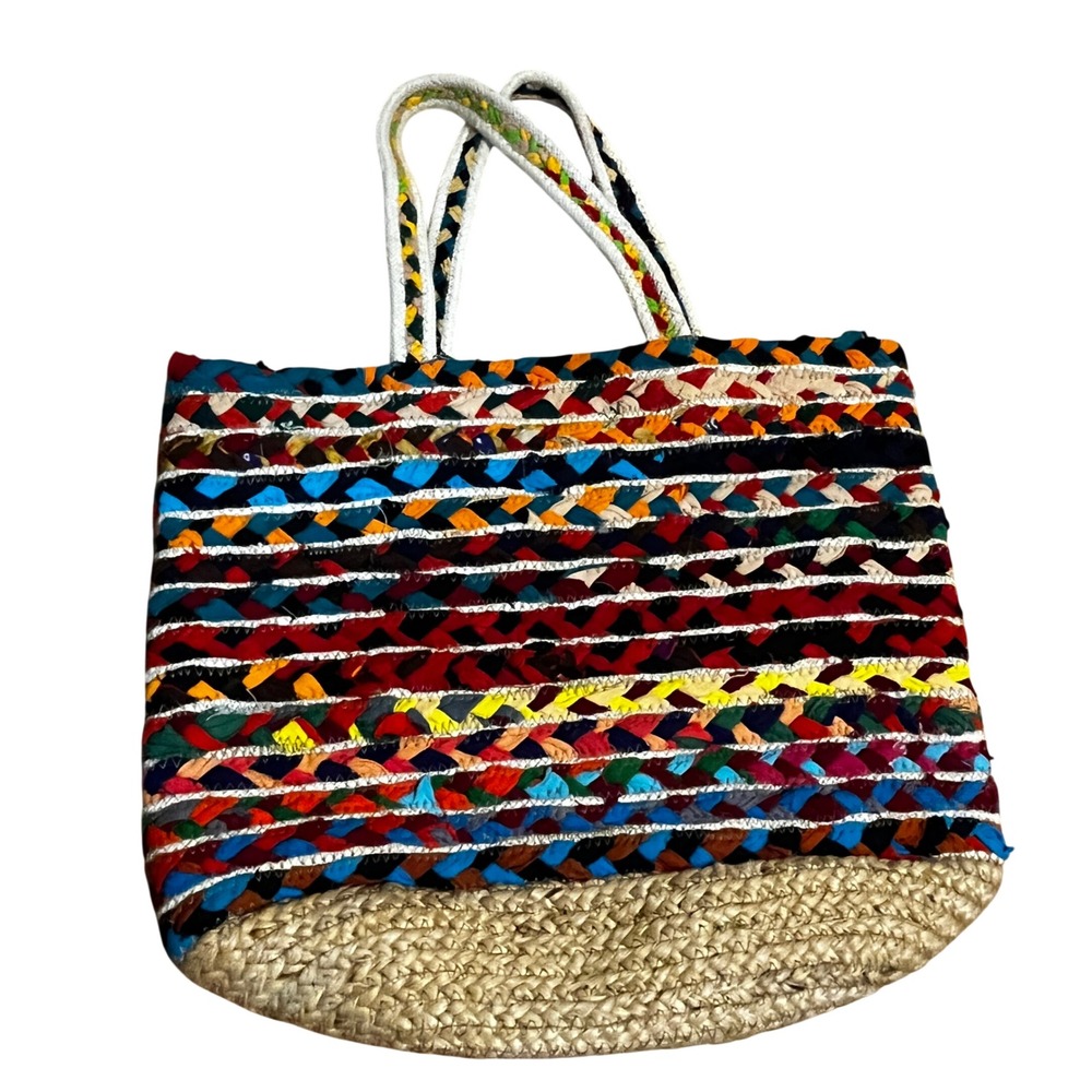 Olivia Miller Rosana Multicolor Braided Cotton Jute Beach Tote Bag Colorful Boho
